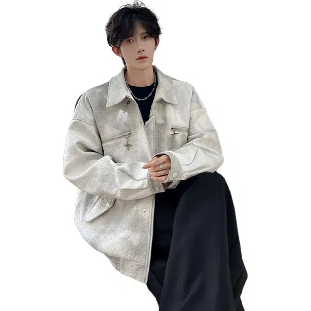 袋鼠 高街美式复古翻领秋季韩系慵懒松弛氛围情侣百搭痞帅时尚外套夹克 男女同款