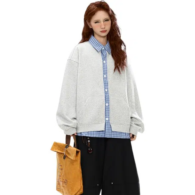 黑马漫画 美式复古假两件开衫男款春格子拼接懒风卫衣 男女同款