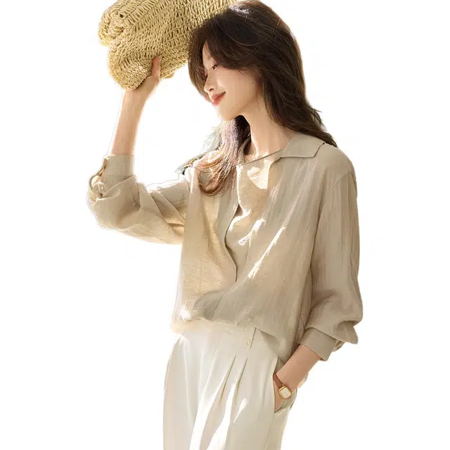 沫晗依美 假两件翻领纯色长袖衬衫 女款 卡其色