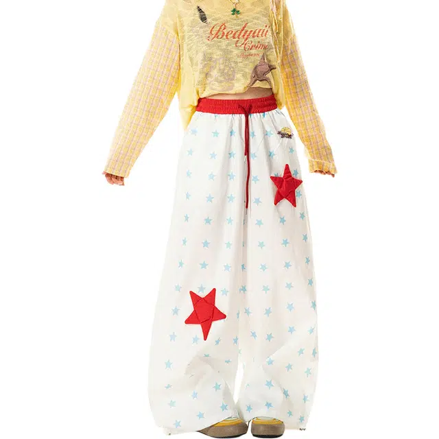 虫小绿 美式高街拼接撞色星星印花拖地高腰松紧阔腿裤百搭户外通勤氛围感复古怀旧经典显高显瘦高级设计感垂感休闲裤 男女同款