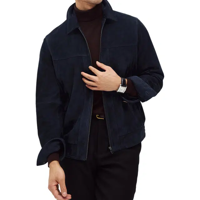 丹宁哲学 高档新西兰反绒绵羊皮纯色长袖翻领直筒型皮衣 男款