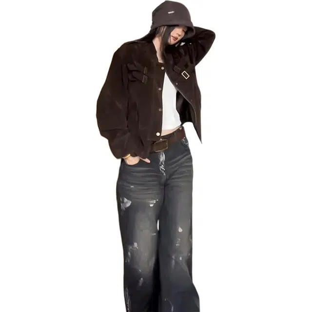 单爵 美式拼接绑带设计麂皮外套男款秋季高级感短款哈夹克 男女同款