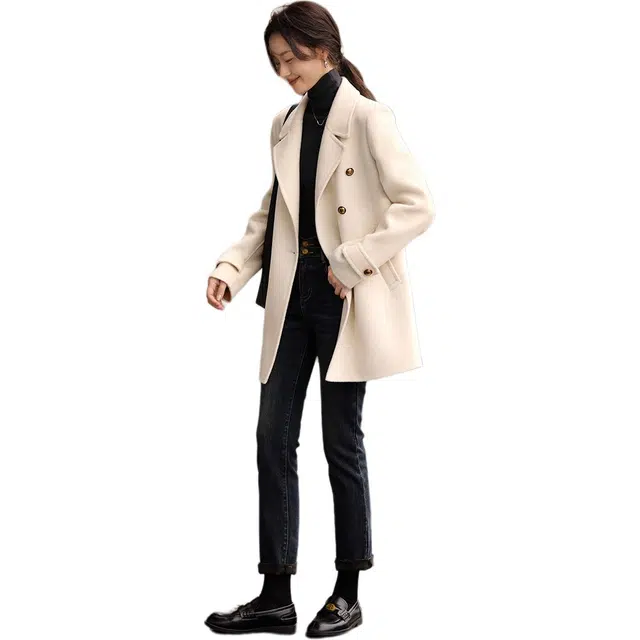 沫晗依美 西装领时尚复古休闲长袖大衣 女款 米白色