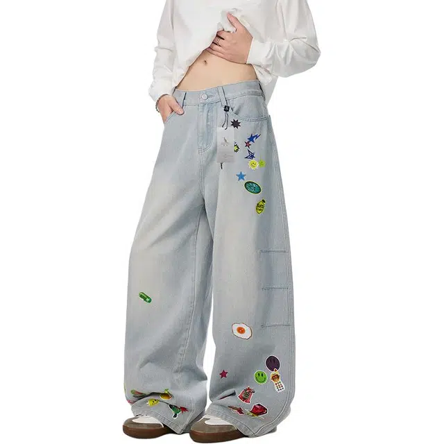 袋鼠 高个子加长版型长裤美式复古百搭基础款通勤阔腿裤高街水洗做旧弯刀牛仔裤 男女同款