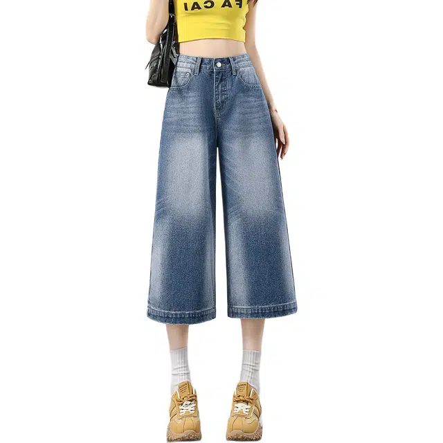 惟熙 薄款八分阔腿直筒裤牛仔裤 女款