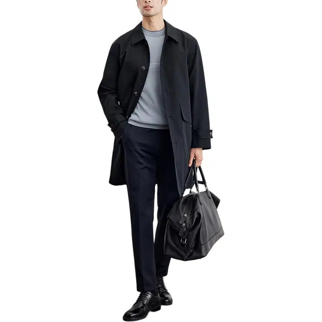 丹宁哲学 商务绅士 高档棉氨混纺面料 格纹内里翻领风衣 男款