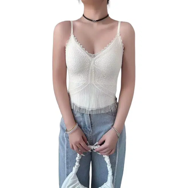品彩 法式蕾丝流苏固定打底美背吊带 女款