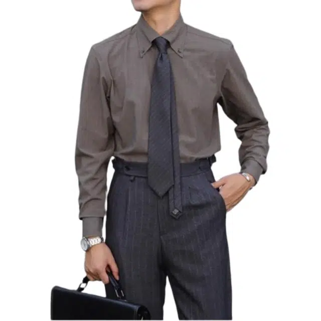 大格子与黑猫 [四色]意式大尖领商务上班抗皱修身儒雅舒适复古免烫简约长袖衬衫 男款