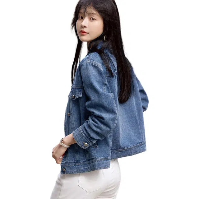 沫晗依美 短款立领简约牛仔外套 女款 蓝色