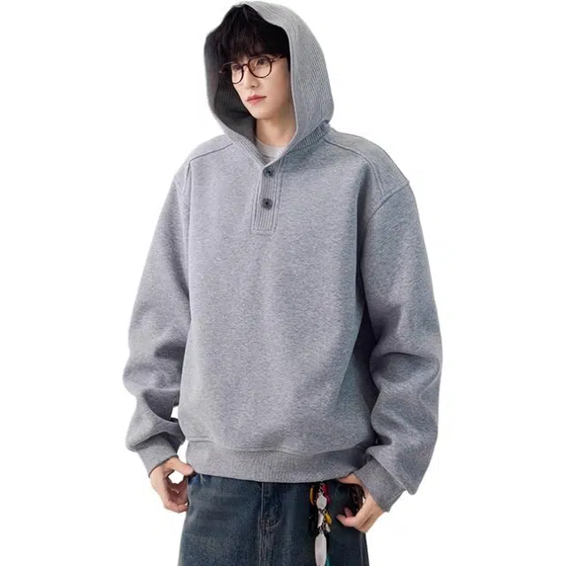 欧路得 美式重磅纽扣连帽男潮牌设计感宽松百搭情侣休闲帽衫外套卫衣 男款