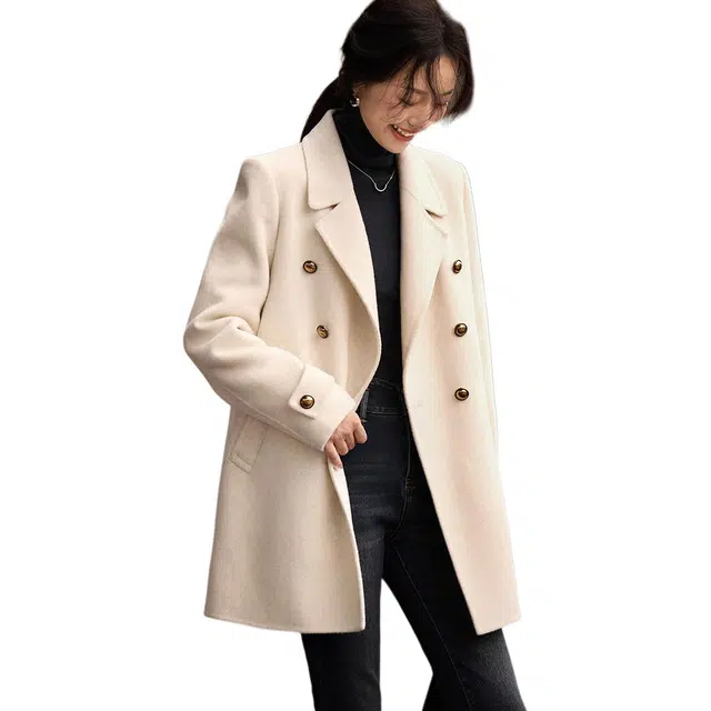 沫晗依美 西装领时尚复古休闲长袖大衣 女款 米白色