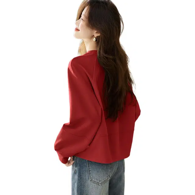 沫晗依美 舒适纯色长袖圆领休闲套头卫衣 女款