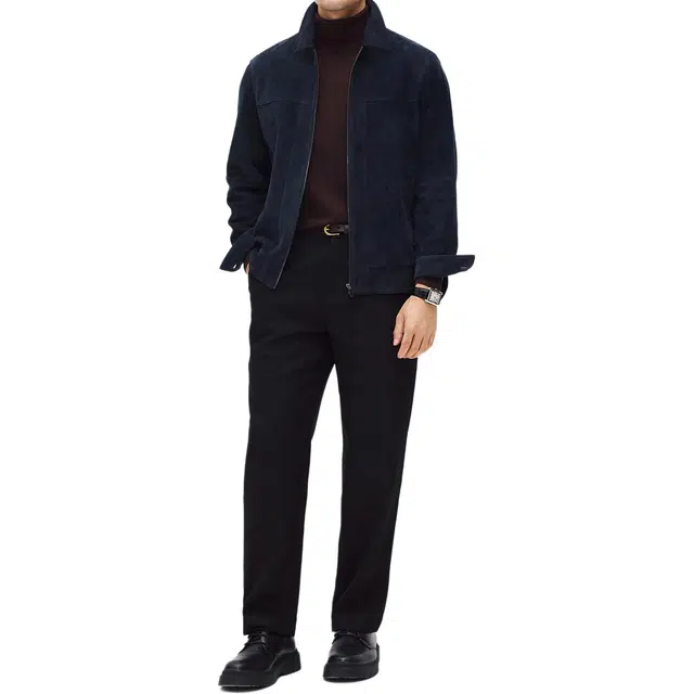 丹宁哲学 高档新西兰反绒绵羊皮纯色长袖翻领直筒型皮衣 男款