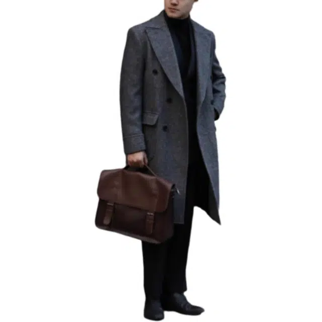 大格子与黑猫 英伦复古外套西装领羊毛呢 粗花呢人字纹双排扣秋冬厚款马球 大衣 男款