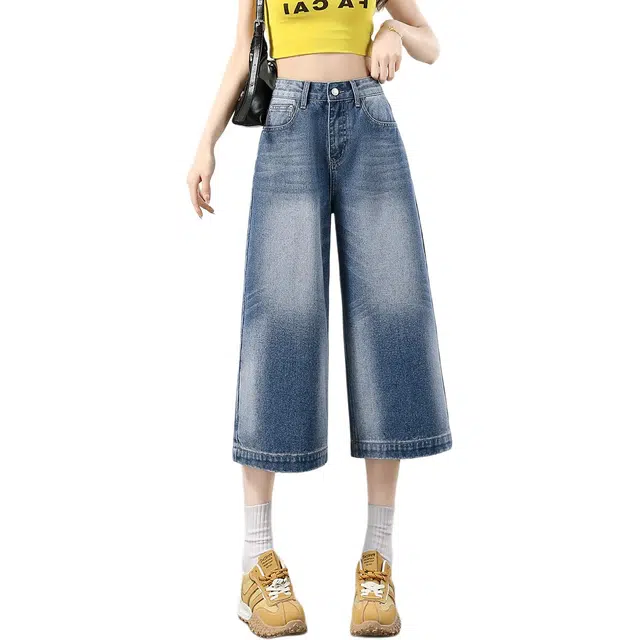 惟熙 薄款八分阔腿直筒裤牛仔裤 女款