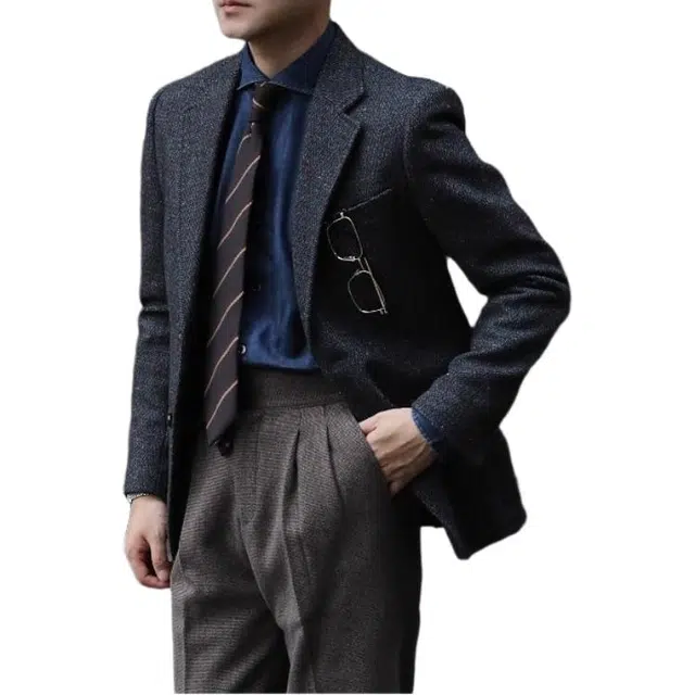 大格子与黑猫 英伦复古雅痞黑灰色羊毛粗花呢秋冬厚款人字纹休闲修身单外套西装 男款