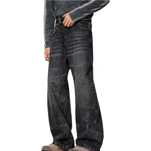 大格子与黑猫 黑色复古水洗直筒爆裂纹设计高级宽松阔腿垂感裤子牛仔裤 男女同款