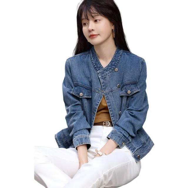 沫晗依美 短款立领简约牛仔外套 女款 蓝色