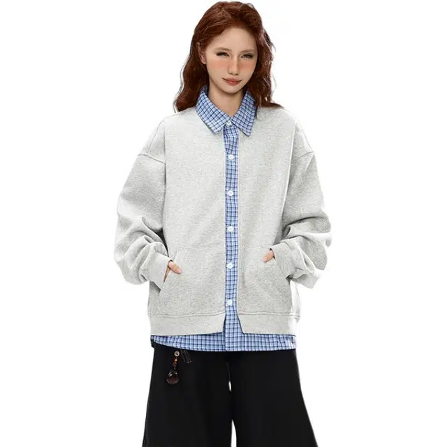 黑马漫画 美式复古假两件开衫男款春格子拼接懒风卫衣 男女同款