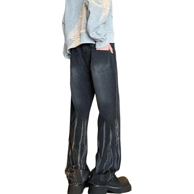 单爵 扎染薄款美式高街分割线裤子高腰修身直筒微喇裤长裤牛仔裤 男女同款