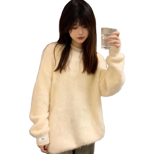 徐百货 美式复古海马毛软糯圆领上衣慵懒风松弛感针织打底衫宽松舒适潮流百搭毛衣 男女同款