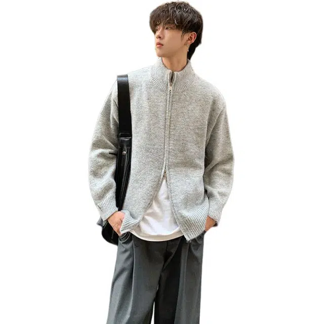 佐菲利 美式双拉链开衫高街立领外套潮牌百搭休闲情侣上衣针织衫 男女同款