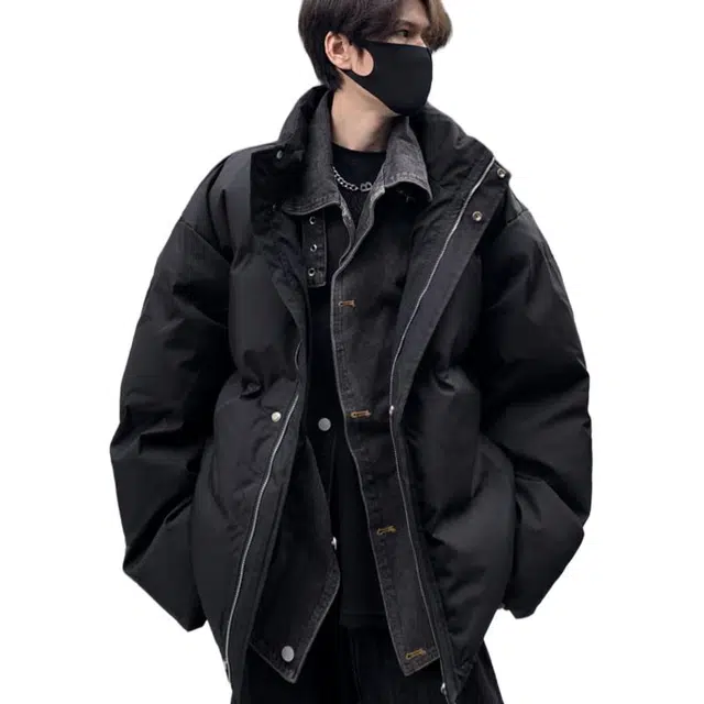 单爵 假两件牛仔拼接棉衣夹克棉服 男女同款