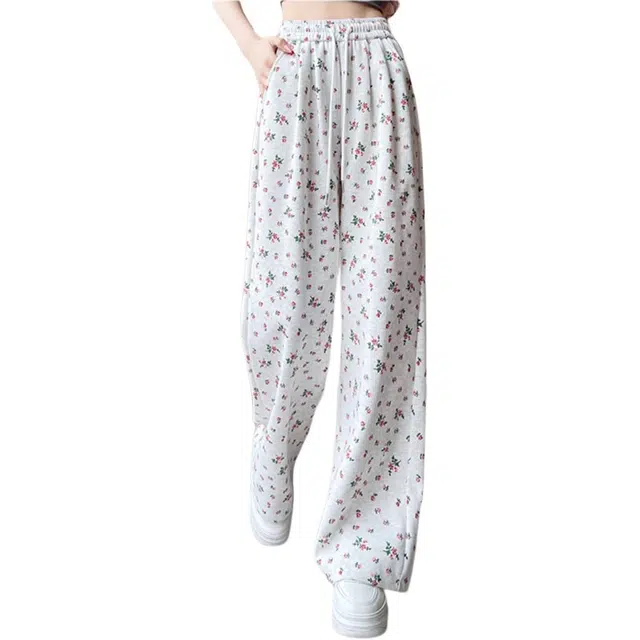 木清清 复古韩系碎花窄版阔腿裤女松紧高腰宽松显瘦拖地长裤子休闲裤 女款