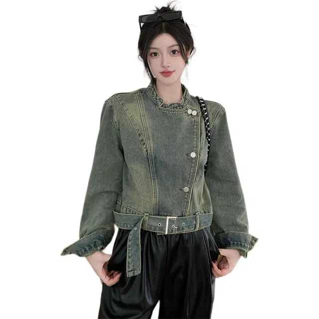 思蓓儿 美式复古做旧设计感立领宽松短款女牛仔外套 女款 图片色