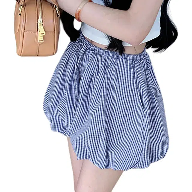 敲模女孩 甜酷风格子蓬蓬花苞休闲短裤 女款