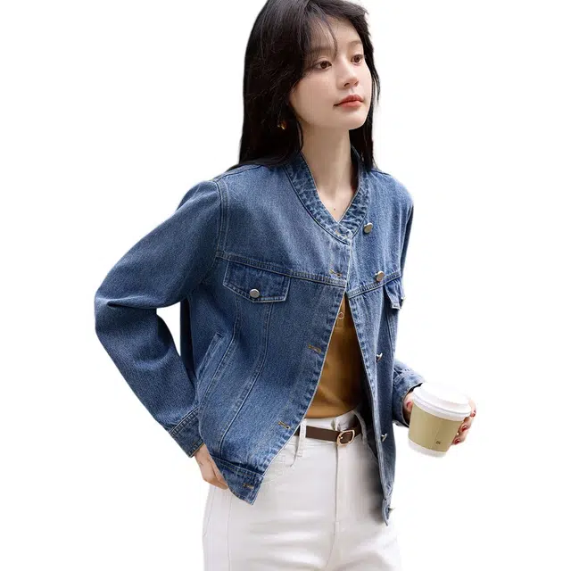 沫晗依美 短款立领简约牛仔外套 女款 蓝色