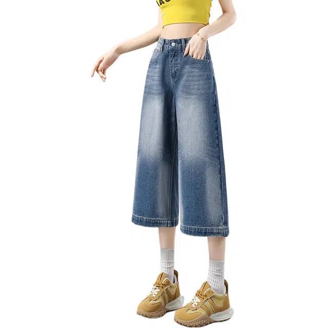 惟熙 薄款八分阔腿直筒裤牛仔裤 女款