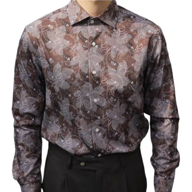 大格子与黑猫 复古英伦日常修身休闲文艺雅痞怀旧腰果花免烫抗皱长袖花衬衫 男款