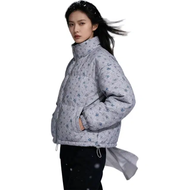华夏儿女 时尚百搭碎花立领短款宽松面包服拉链长袖棉服 男女同款