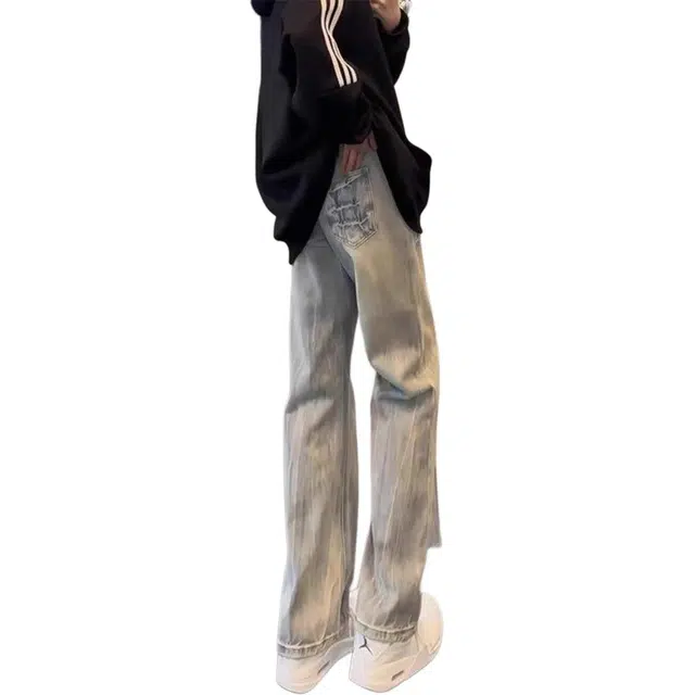 地界二 美式高街设计感闪电纹多种版型裤子 宽松显高百搭牛仔裤 男女同款