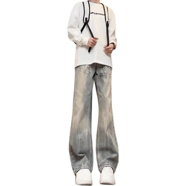 地界二 美式高街设计感闪电纹多种版型裤子 宽松显高百搭牛仔裤 男女同款