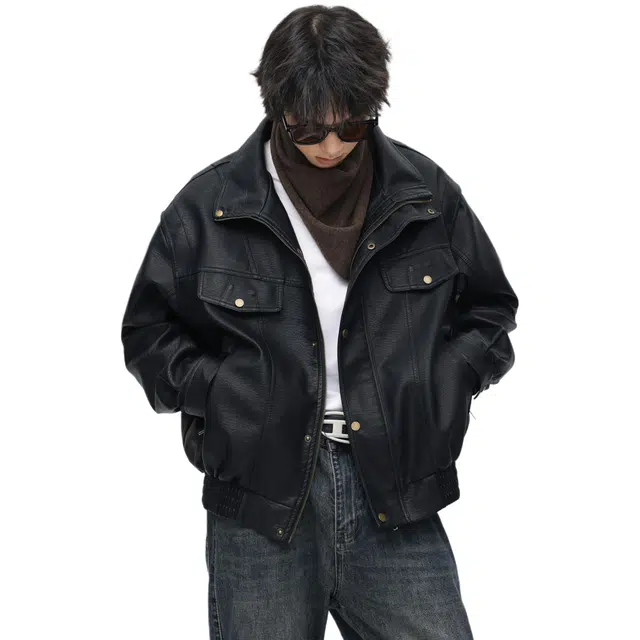 地界二 美式复古多风格融合宽松翻领时尚机车皮夹克皮衣 男女同款