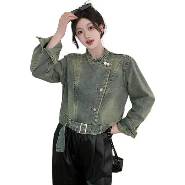 思蓓儿 美式复古做旧设计感立领宽松短款女牛仔外套 女款 图片色