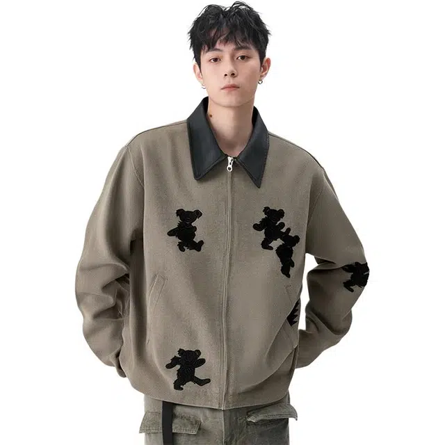 永言 美式复古牛仔刺绣小熊棉服潮牌宽松休闲流行帅气百搭翻领夹克外套 男女同款