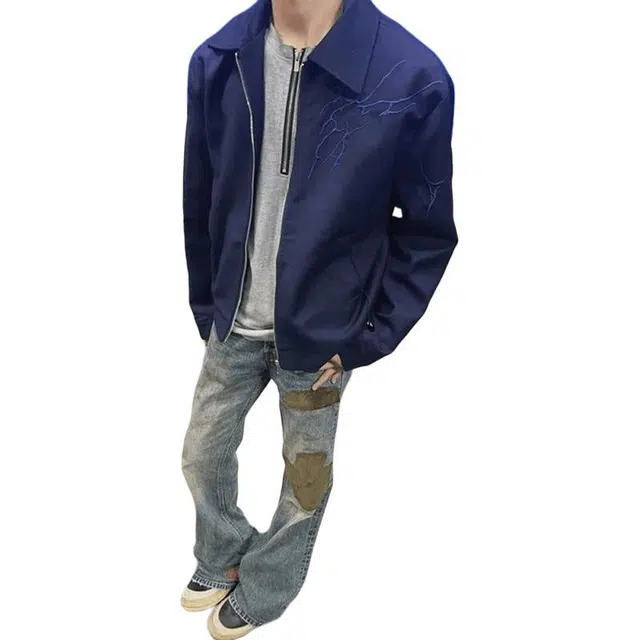 黑马漫画 闪电刺绣外套男款秋季高级感痞帅上衣短款廓形夹克 男女同款