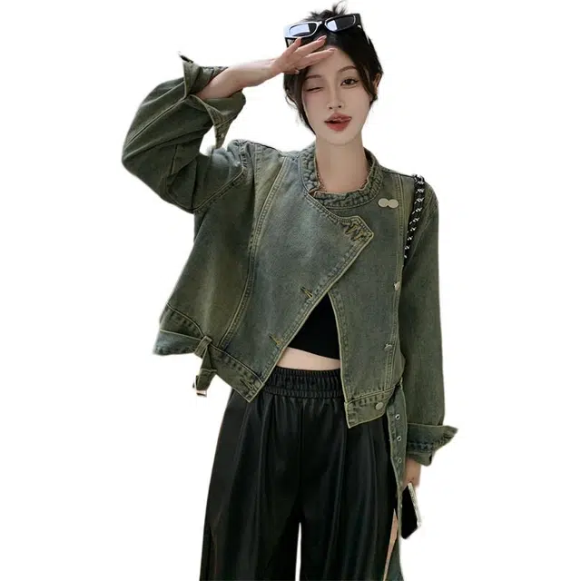 思蓓儿 美式复古做旧设计感立领宽松短款女牛仔外套 女款 图片色