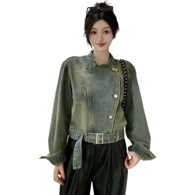 思蓓儿 美式复古做旧设计感立领宽松短款女牛仔外套 女款 图片色