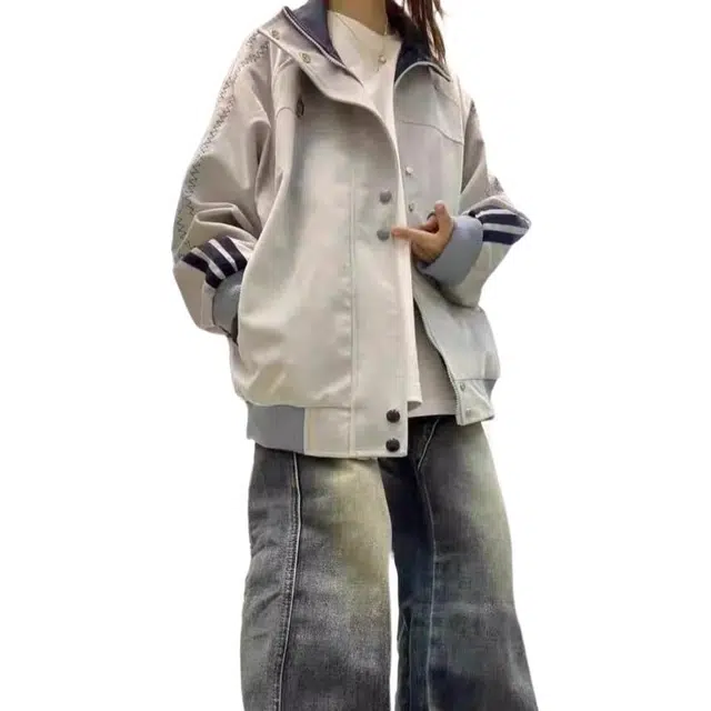 轻迎  美式韩系复古条纹休闲宽松学生夹克外套潮棒球服 男女同款