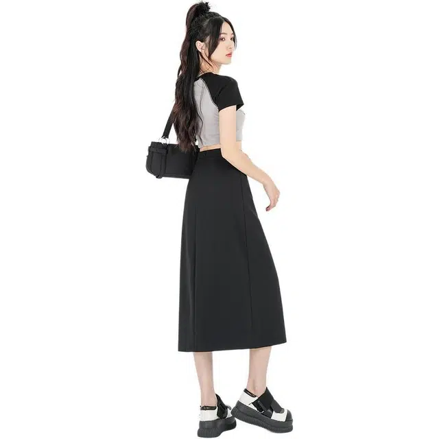 思蓓儿 开叉半身裙小个子设计感中长款高腰休闲长裙 女款
