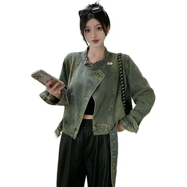 思蓓儿 美式复古做旧设计感立领宽松短款女牛仔外套 女款 图片色