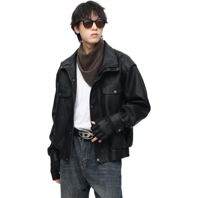 地界二 美式复古多风格融合宽松翻领时尚机车皮夹克皮衣 男女同款