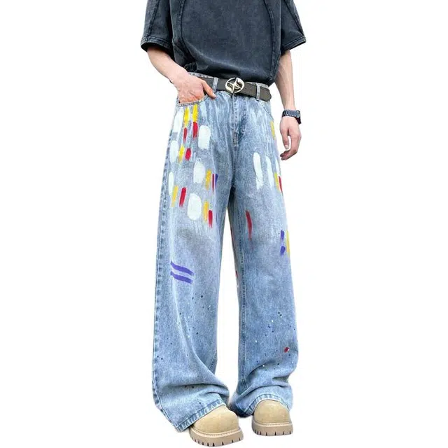 沃马 美式高街弯刀水洗做旧潮流涂鸦帅气百搭牛仔裤 男女同款 蓝色