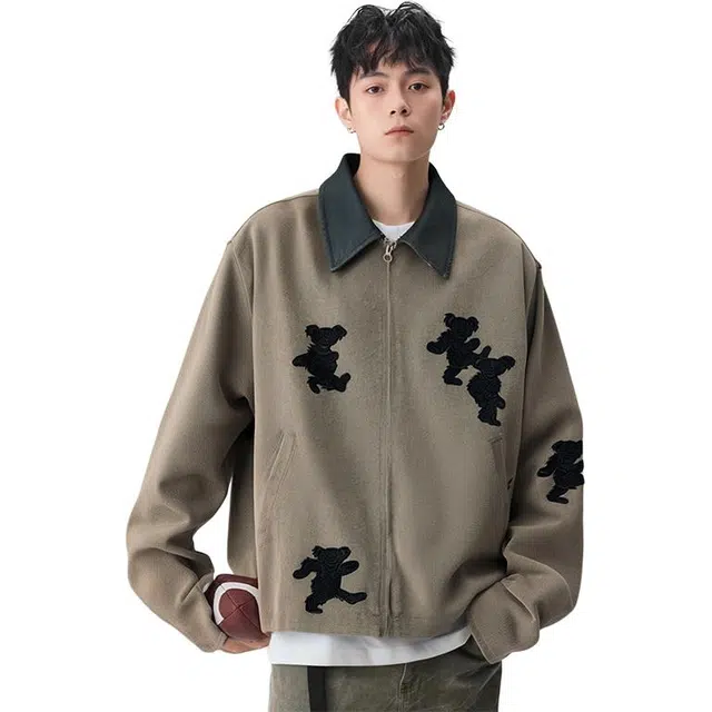 永言 美式复古牛仔刺绣小熊棉服潮牌宽松休闲流行帅气百搭翻领夹克外套 男女同款