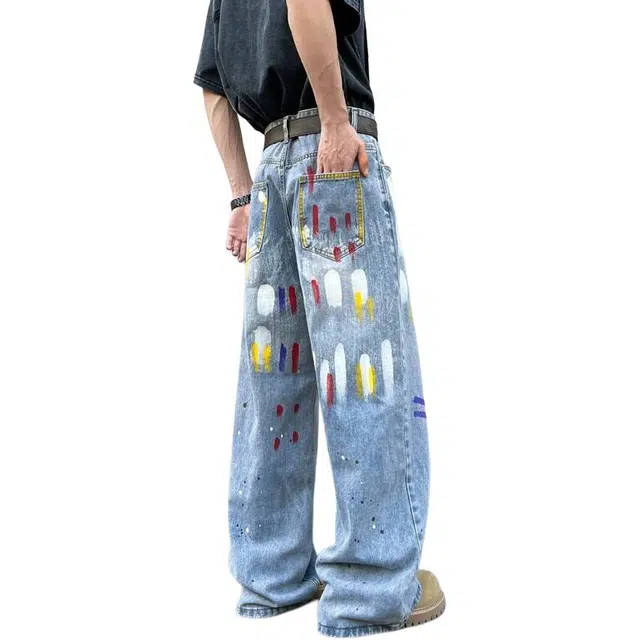 沃马 美式高街弯刀水洗做旧潮流涂鸦帅气百搭牛仔裤 男女同款 蓝色