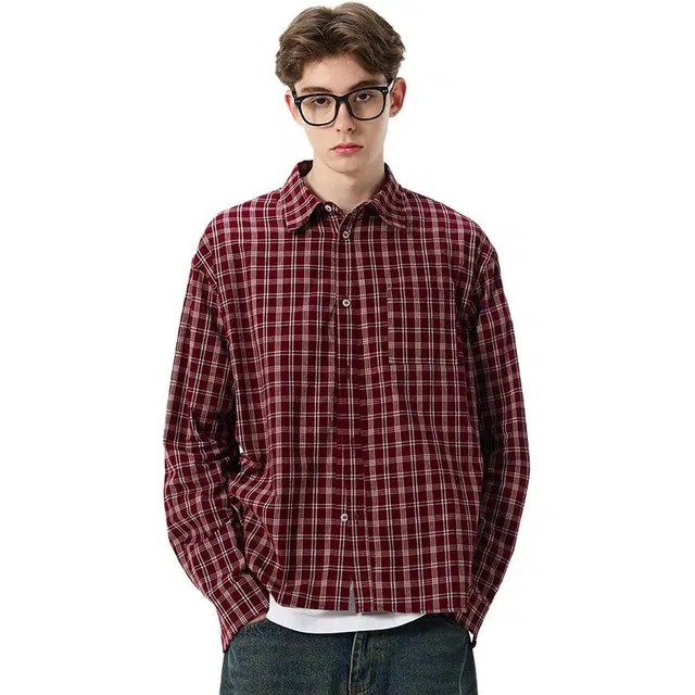 寻星记 日系简约纽扣落肩复古格子条纹翻领百搭宽松休闲长袖情侣款美式格纹上衣衬衫 男女同款 红色